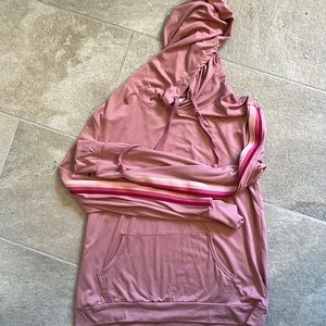 Really cute tracksuit top with hoodie, tie, strings, stripes, kangaroo pocket